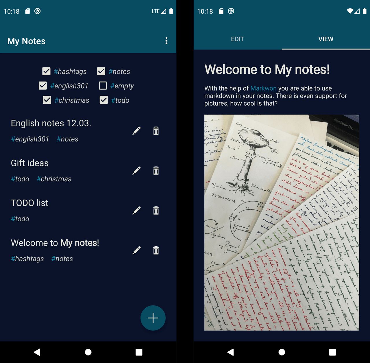 Screenshots of the My Notes Android app.