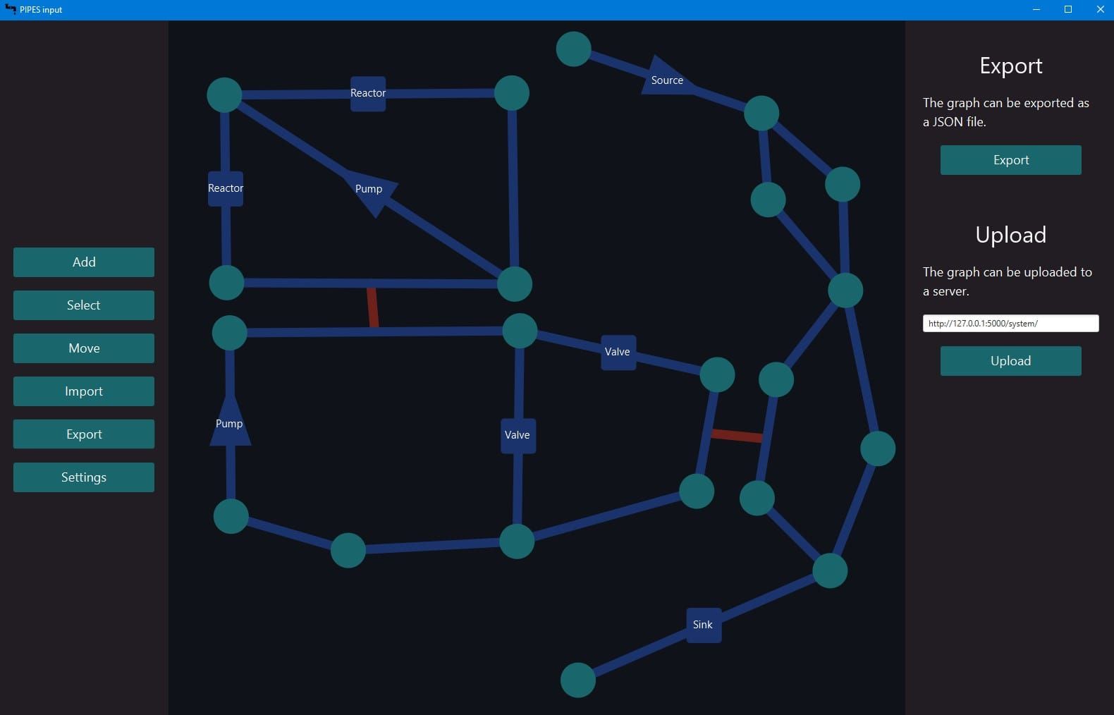 JavaFX editor interface for the cooling system simulator input graph.