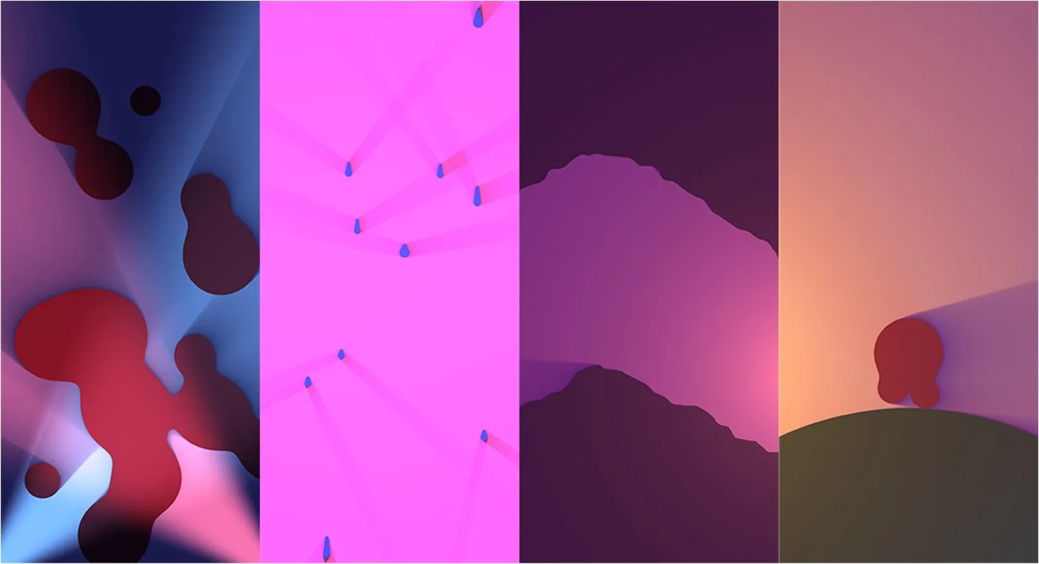 Four portrait phone screenshots of the demo scenes: blue and pink light beams between dark blobs, a magenta field of falling droplets, a purple ridge lit from two sides, and a red figure on a hill at sunset