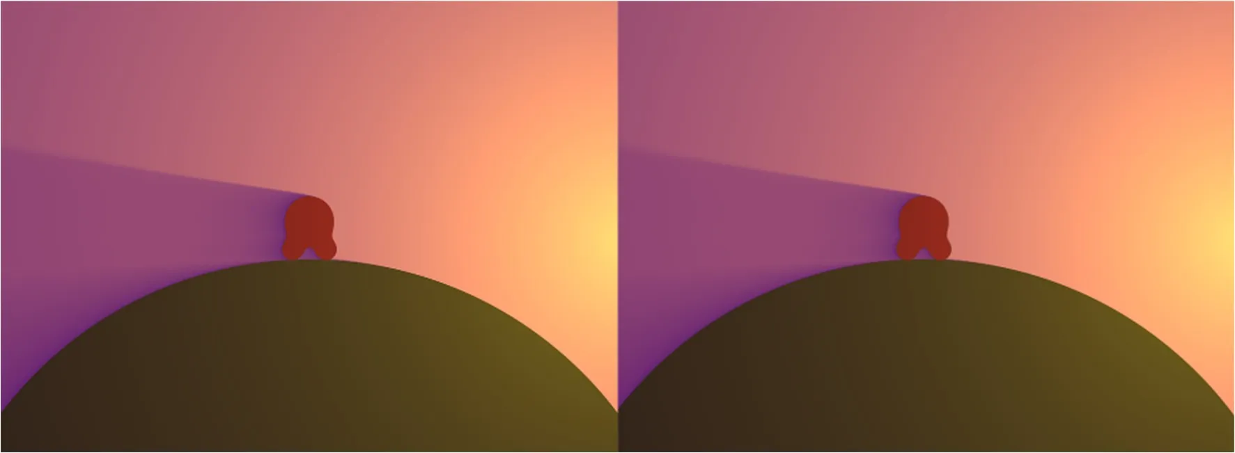 The same sunset scene rendered twice, with the distance field at full resolution on the left and at a third of the resolution, linearly interpolated, on the right, with no visible difference